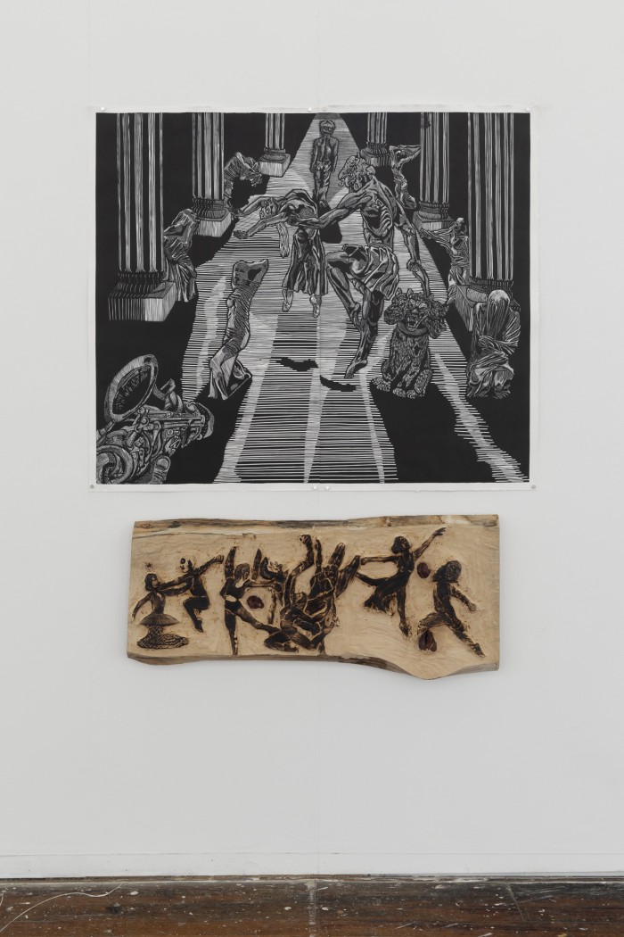 Lino print on paper paired with a sculptural installation from 2022 VCA Gradshow