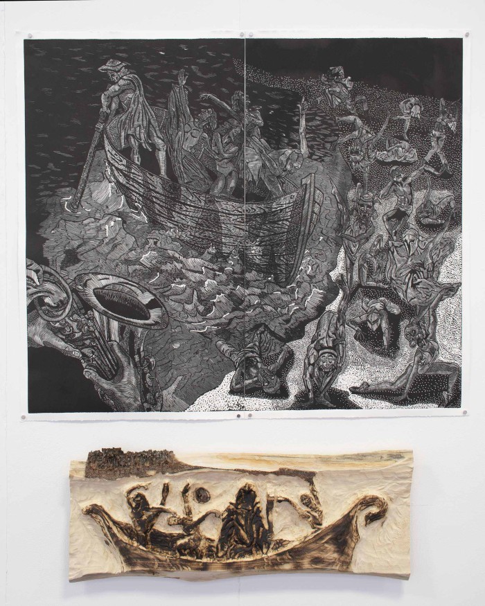 Lino print on paper paired with a sculptural installation from 2022 VCA Gradshow