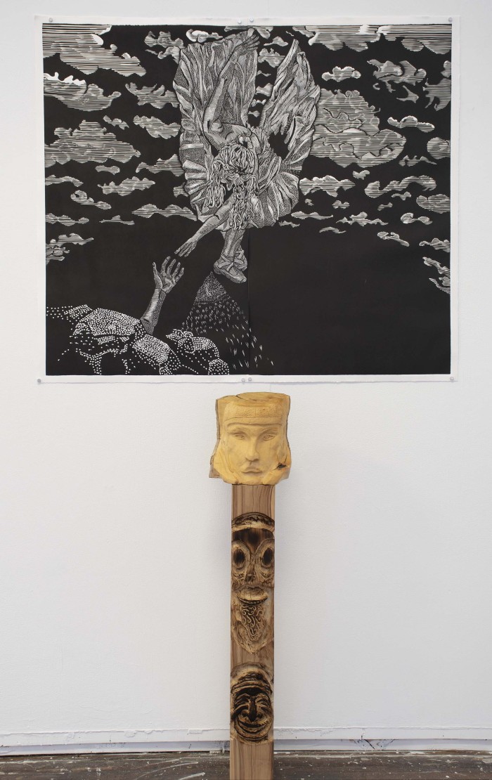 Lino print on paper paired with sculptural installations from 2022 VCA Gradshow