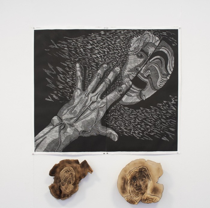 Lino print on paper paired with sculptural installations from 2022 VCA Gradshow