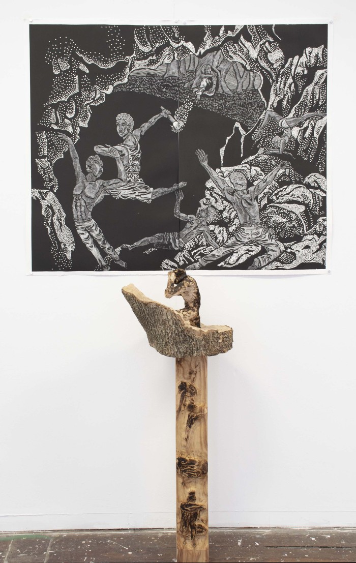 Lino print on paper paired with sculptural installations from 2022 VCA Gradshow