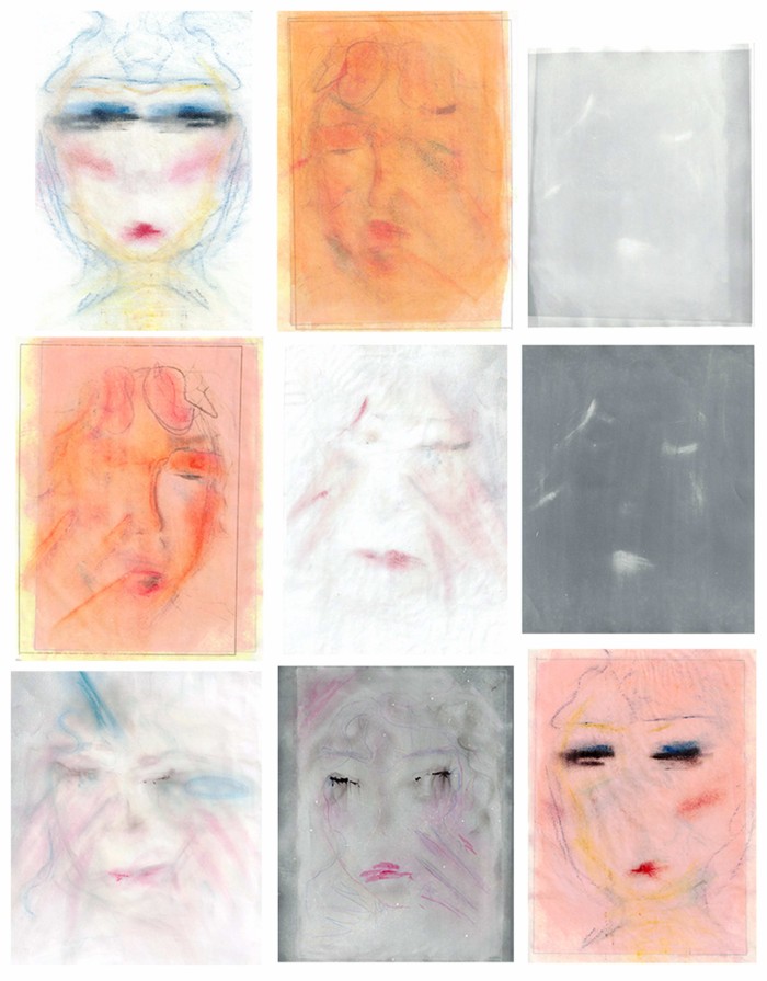  Nine images of abstract and colourful portrait style drawings and  black and white darkroom prints are collated.