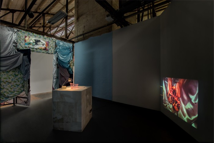 This is a wide shot of the installation showing on the right hand wall the video projection, in the centre frame the plinth with the sculptures on top, and on the left the painting above the door way and fabric draped on the cage around it. The walls are also painted pale blue.