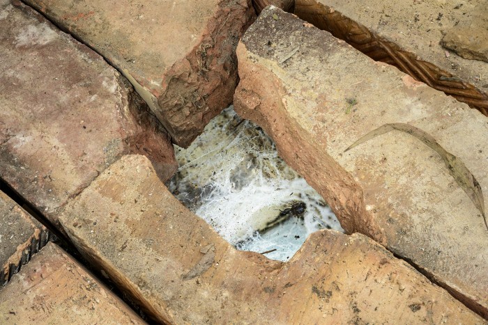 a pile of bricks fills the close up shot. the corners of four bricks are broken such that they form a hole between them. A screen showing live streaming spiderwebs from the green window is recessed into hole between the pile of dirty red bricks. down a tunnel in the webs you can see a dead big black fly.  