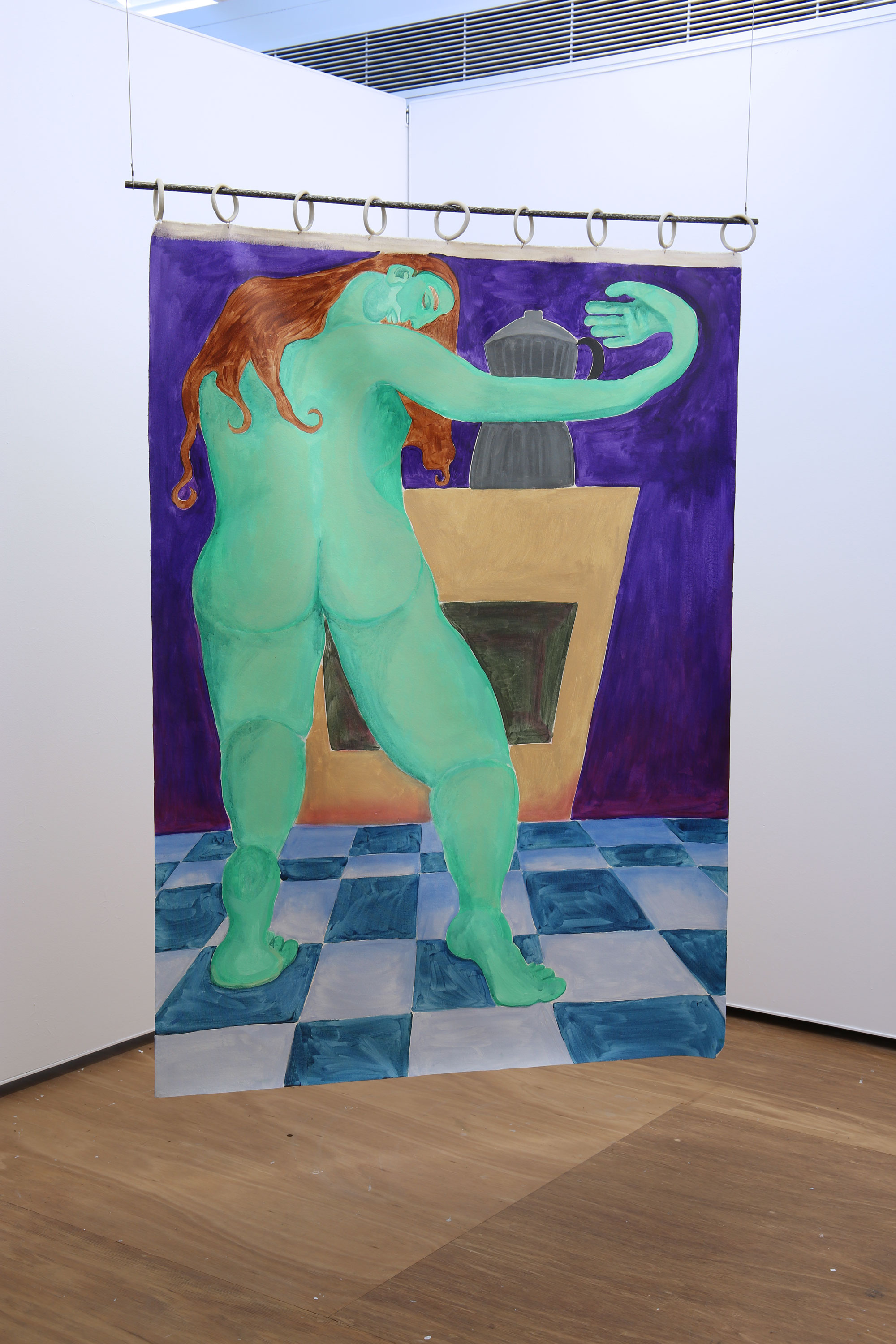 a painting of a green naked figure leans over a stove reaching for a freshly boiled pot of coffee hangs from ceramic rings and a pole like a curtain