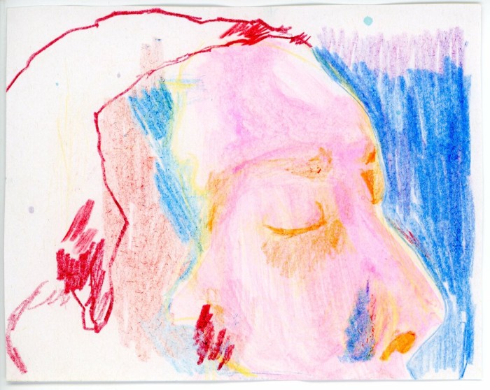 a pencil drawing of half a face from the top of the head to the nose. Their skin is pink with yellow highlights and red line lowlights.