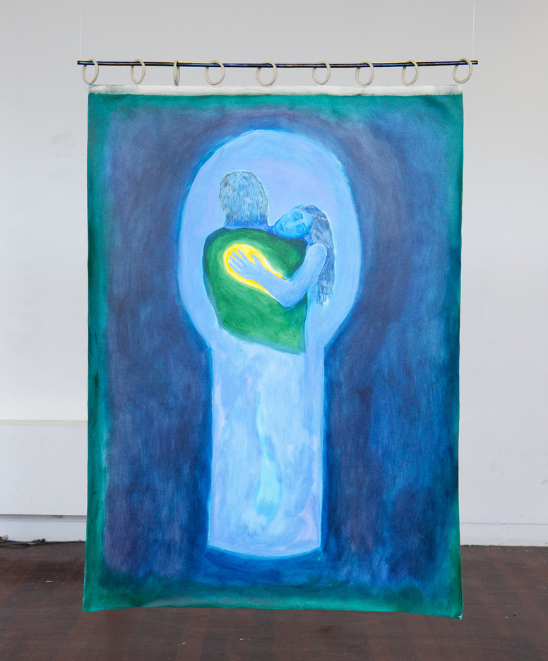 a large acrylic painting of a blue composition in the shape of a large key hole. Inside the key hole there are two figures in a standing still embrace, one figure is leaning on the shoulder and facing the viewer.