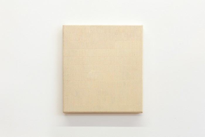 portrait beige painting with thin rectangular grid on top. Faint pink lined grid.