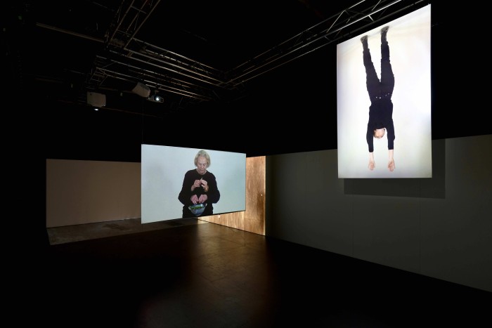 Two screens with women projected on them. One woman is shelling peas with four arms, the other hangs upside down and is swinging.