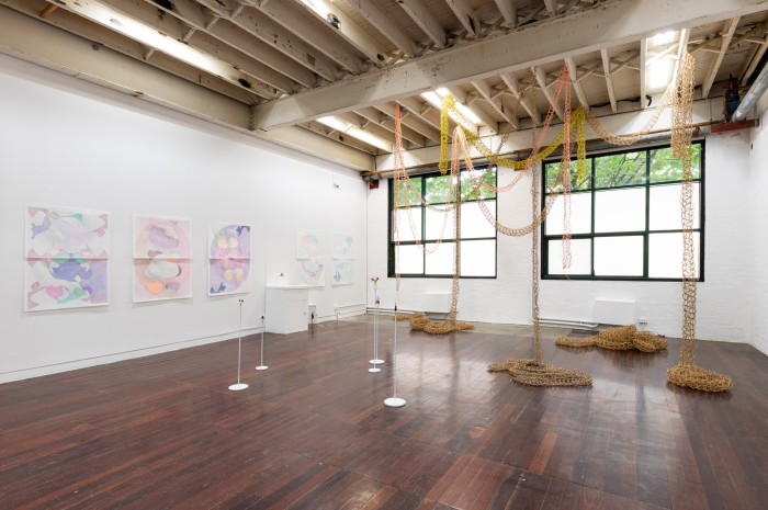 A large room in which a series of drawings line the left hand wall. In the middle of the space are five white pedestal stands of varying heights supporting five small assemblages. To the right, a series of loosely knitted tubes in brown craft paper, pink and fluorescent yellow twine are suspended from the roof.
