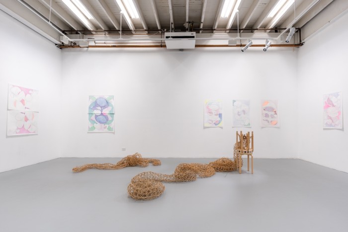 . A gallery space featuring two large knitted forms of twisted brown craft paper coiling across the floor. One is attached to a loom made from wooden stools. In the back ground is a series of drawings on paper in bright colours.