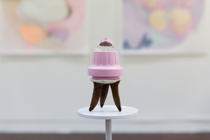 A small assemblage comprised of a clear plastic egg-shaped dome on top of a slightly larger pink plastic lid on top of a tripod made from three gumnuts.